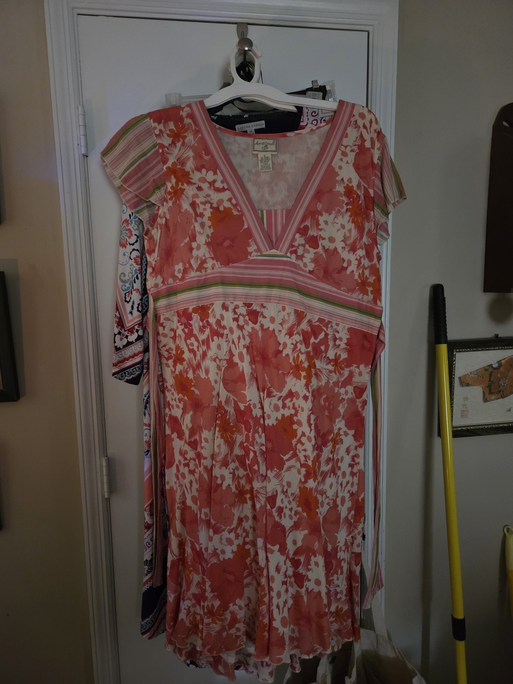 April Cornell Coral Pink Floral Midi Dress with Stripe Waist